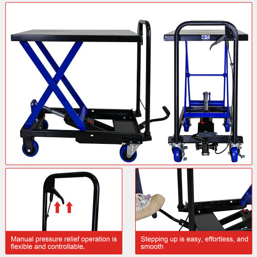 Hydraulic Lift Truck 500 lbs Capacity for Material Handling and Transportation - Steel, Black+Blue