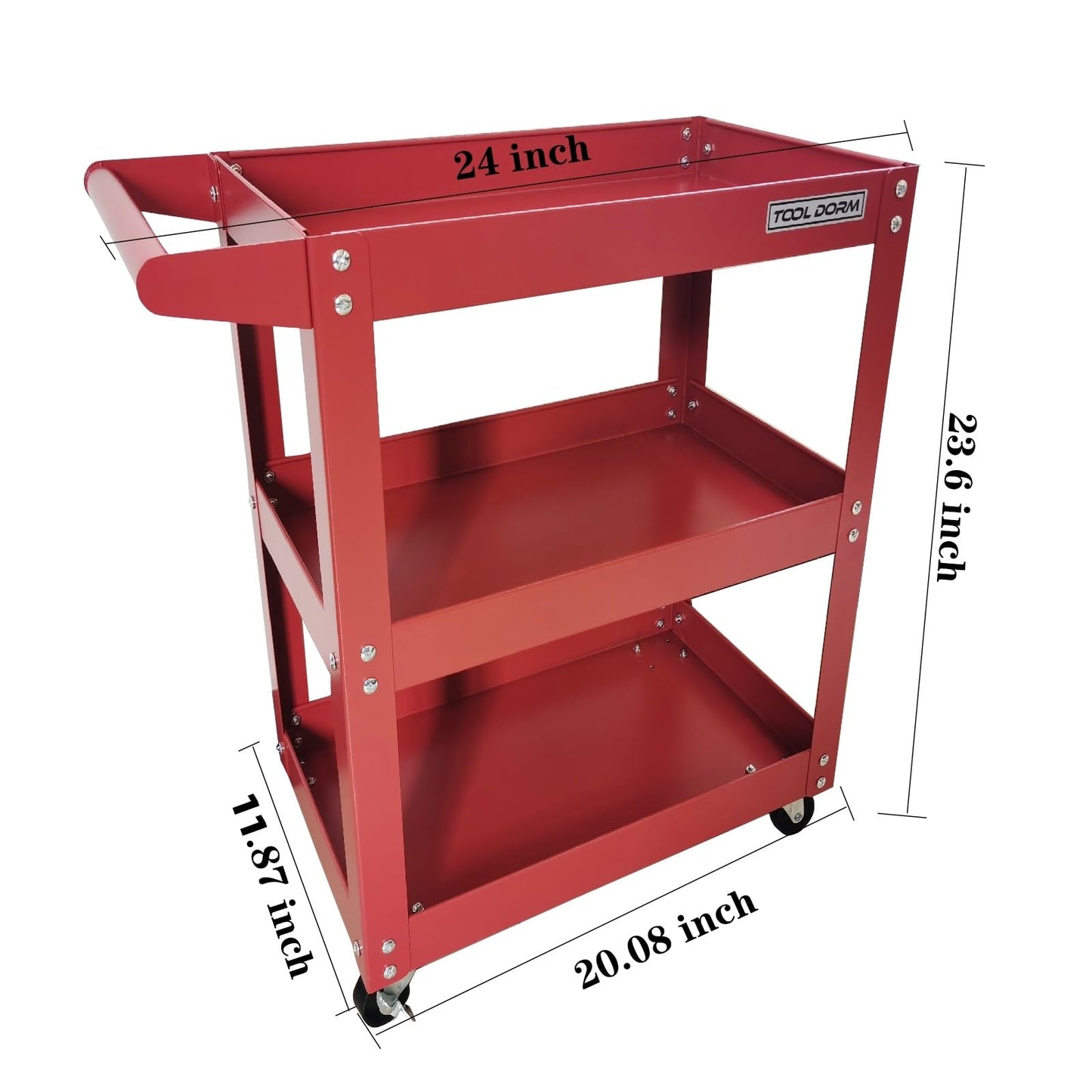Three-Tier Handcart Tool Storage Cart with Lockable Wheels - Red