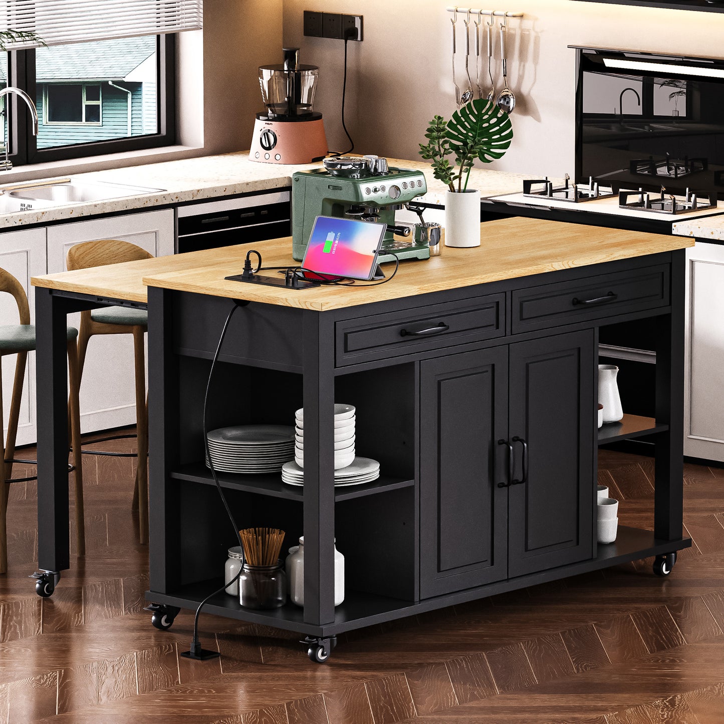 K&K 47 Inch Kitchen Island With Extendable Dining Table, Rubber Wood