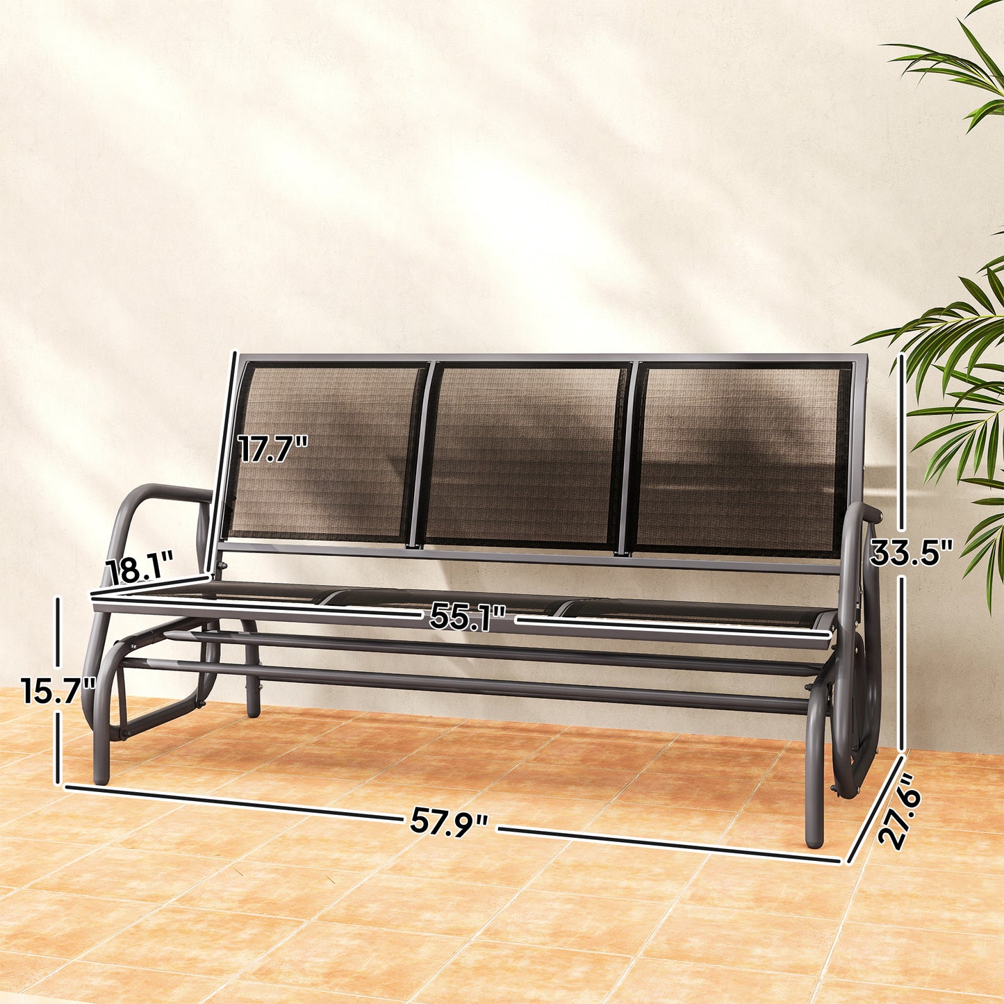 3-Person Outdoor Patio Glider Bench - Black, Breathable Mesh Fabric