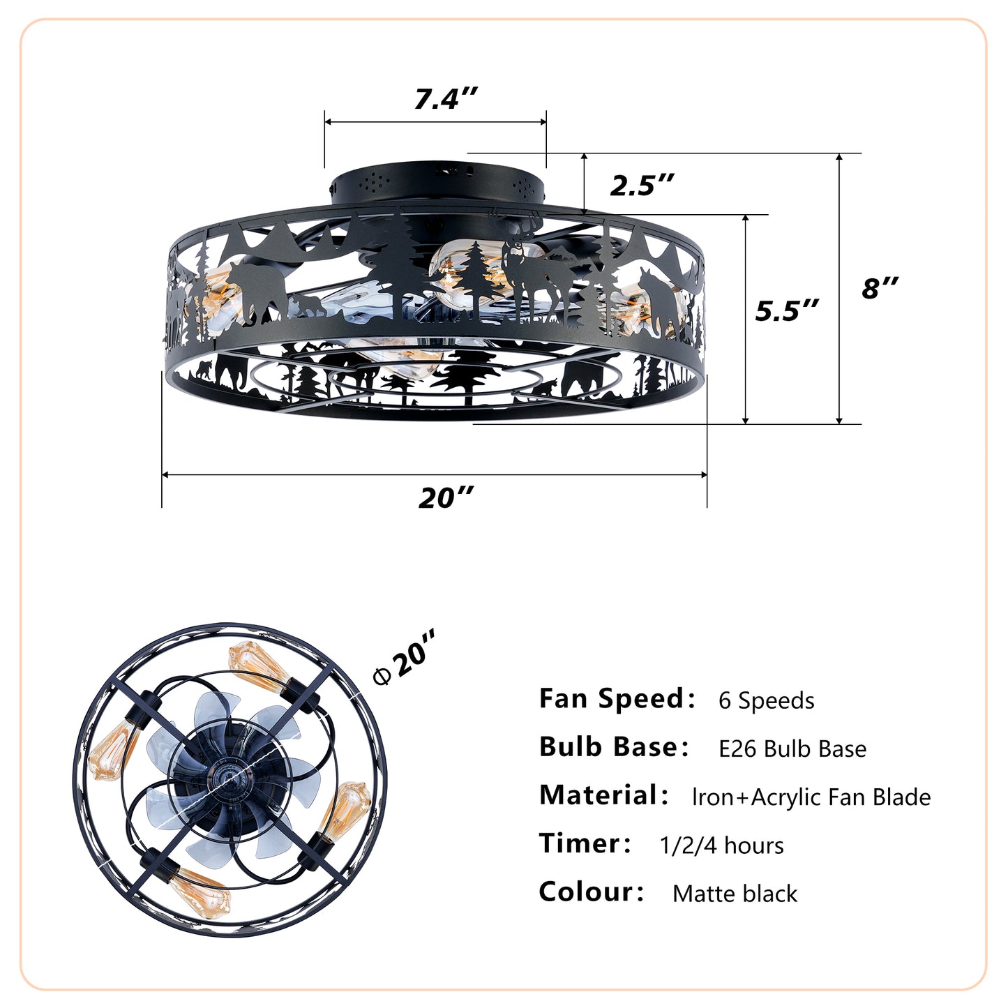 20in Matte Black Ceiling Fan with Remote Control - Reversible, 6 Speeds, Flush Mount, No Bulbs