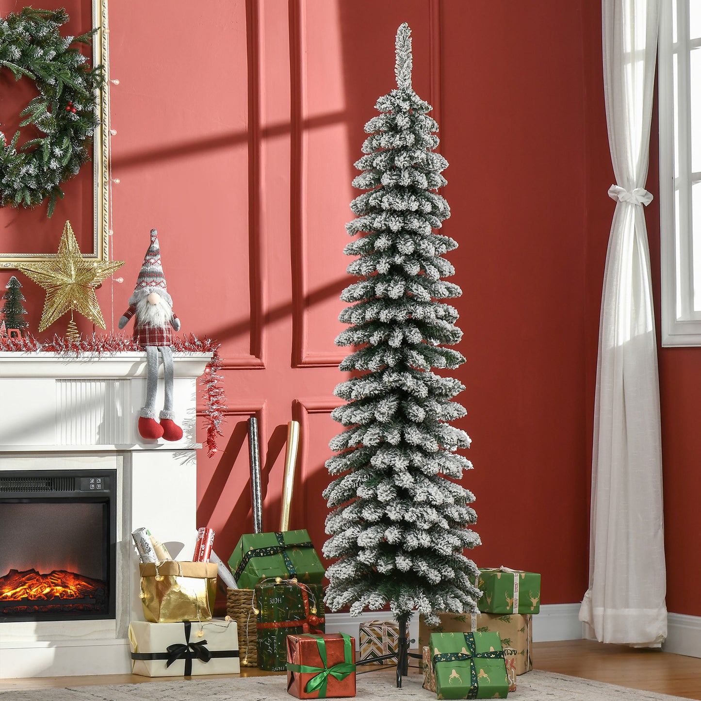 6ft Snow Flocked Slim Pencil Christmas Tree - Green