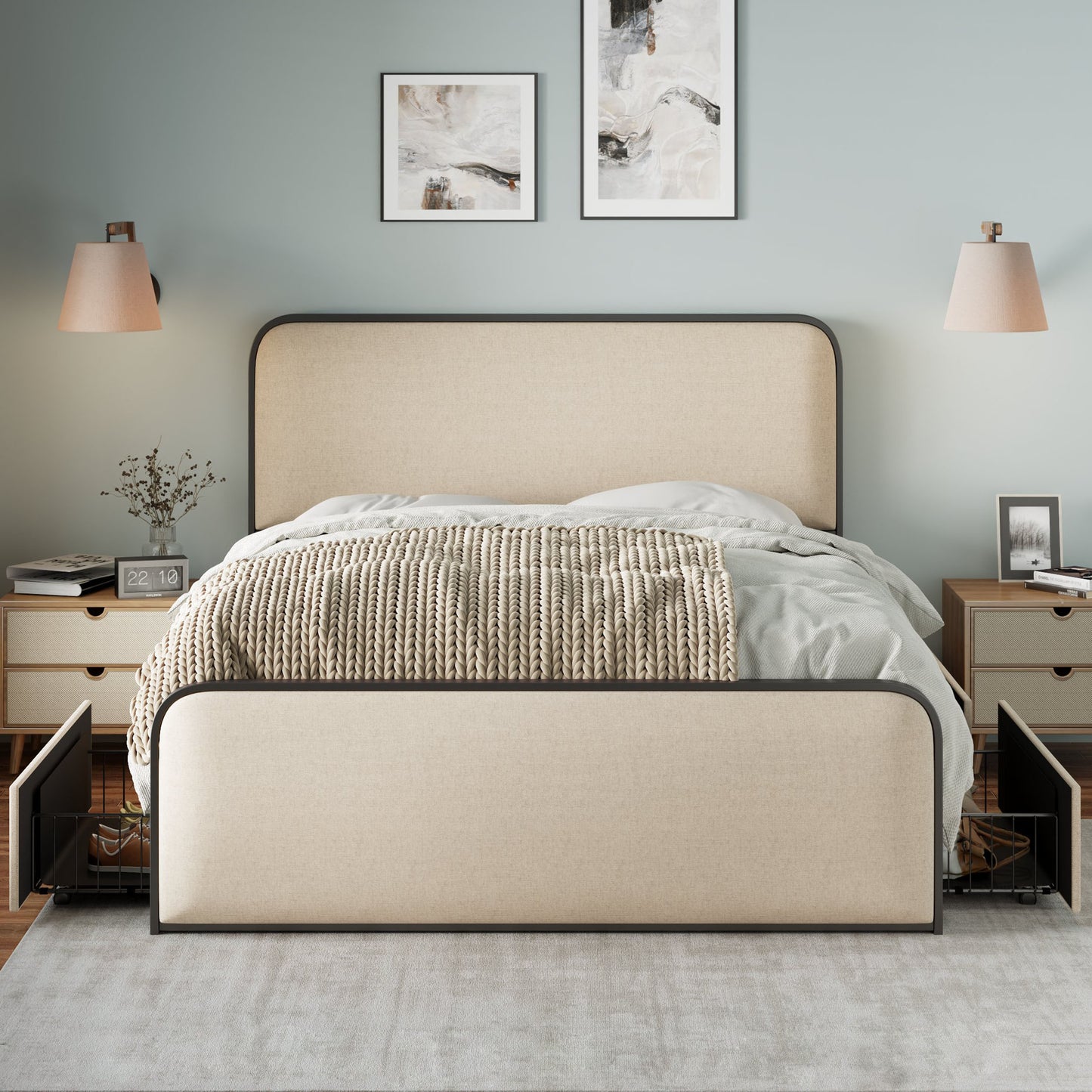 Queen Size Modern Metal Bed Frame with Upholstered Headboard & 4 Drawers - Beige