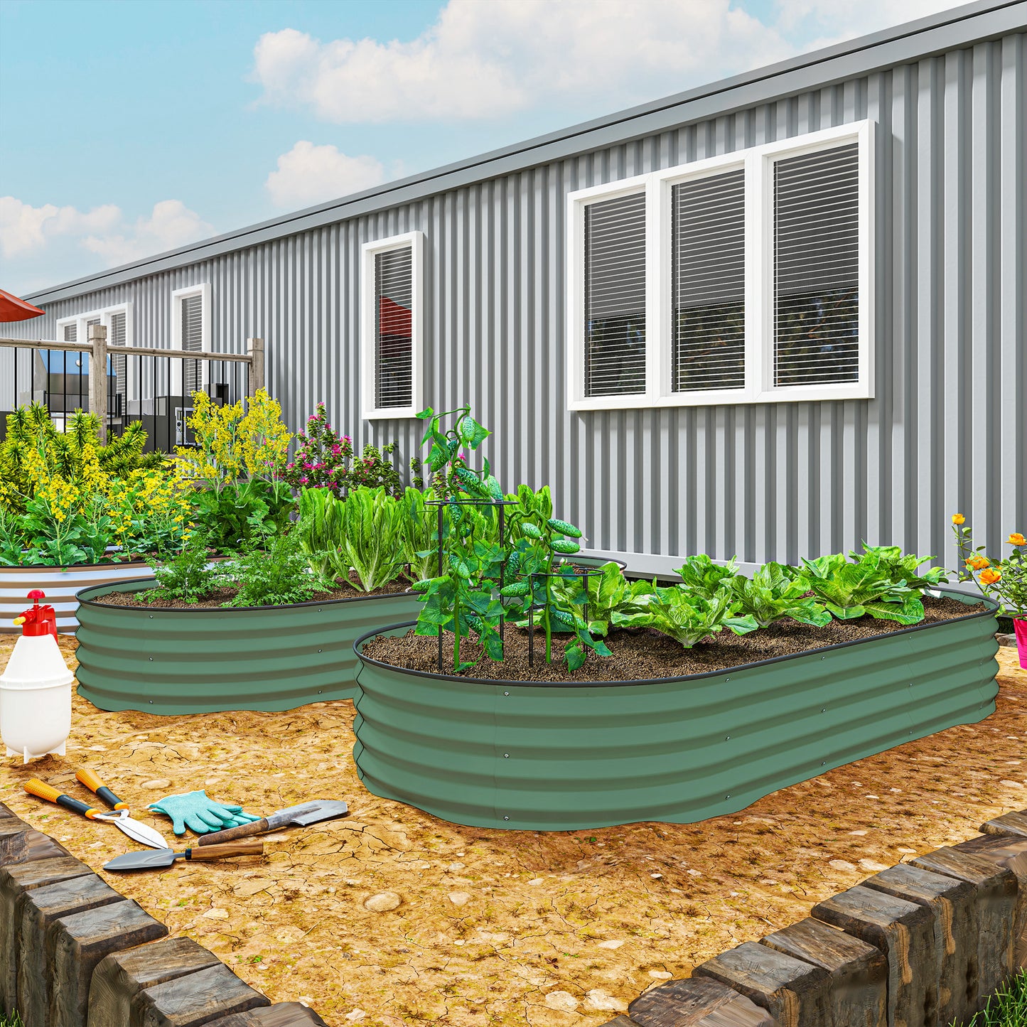 Raised Garden Bed Set with Metal Stakes - Green, 2-Pack, 575x375x140mm