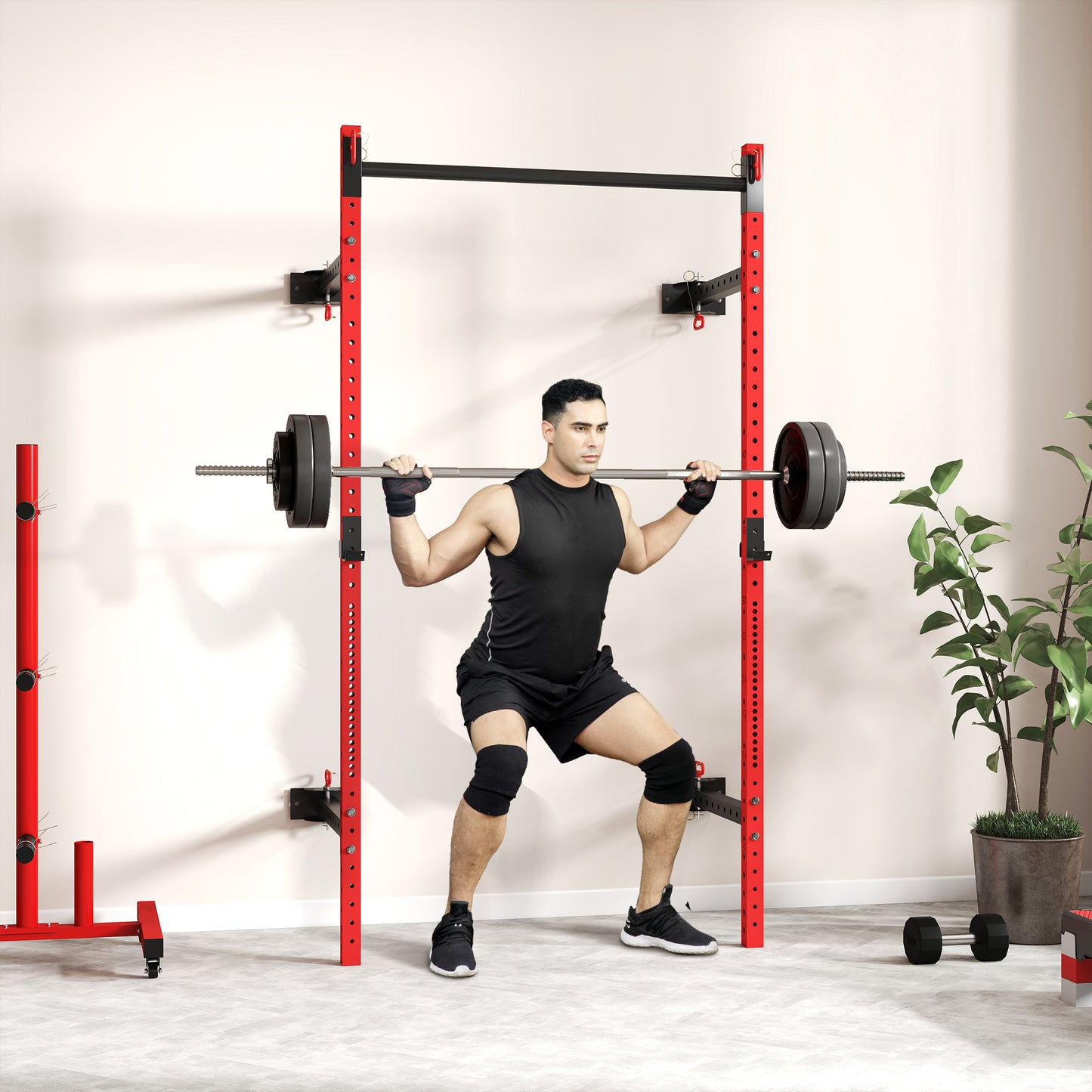 Adjustable Folding Squat Rack with Pull Up Bar - Red
