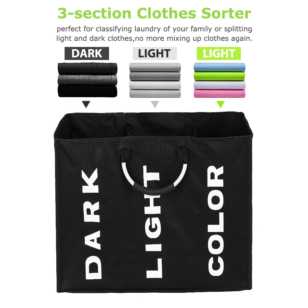 Collapsable 3-section Laundry Bag Foldable Hamper Durable Oxford