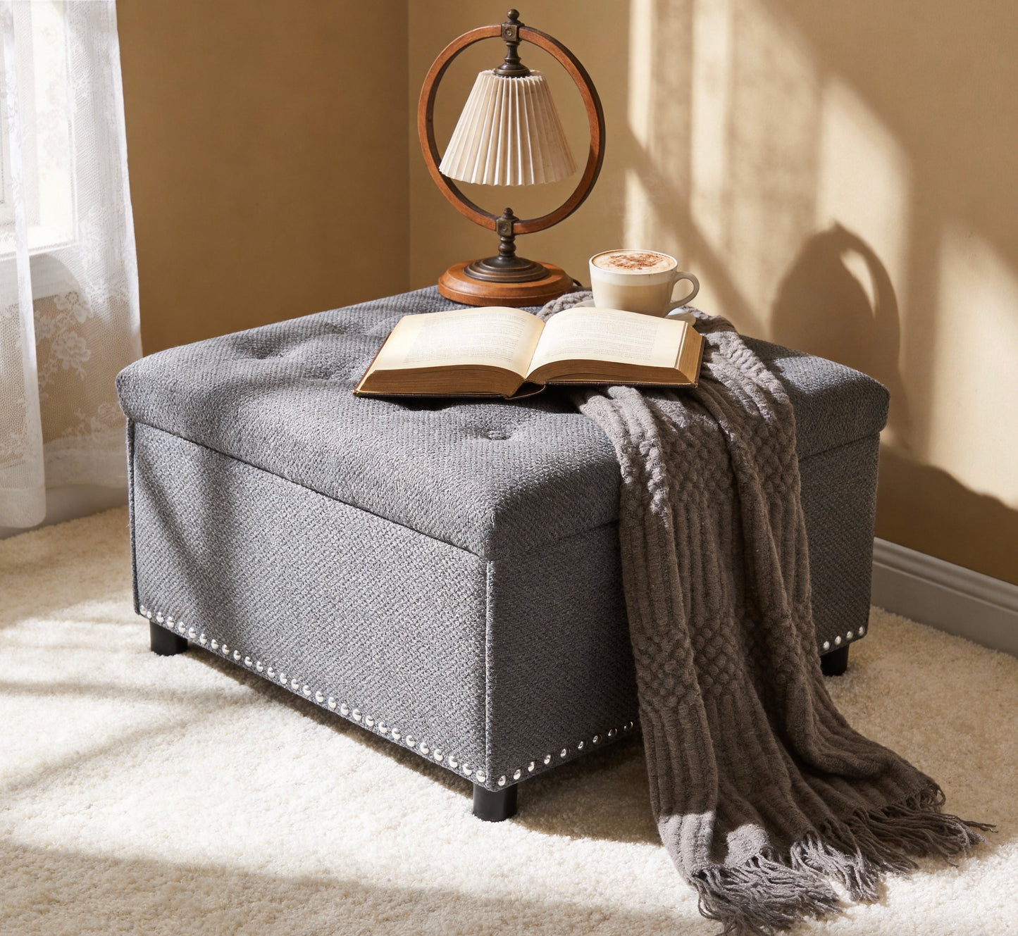 Light Gray Tufted Storage Ottoman with Nailhead Trim - Square