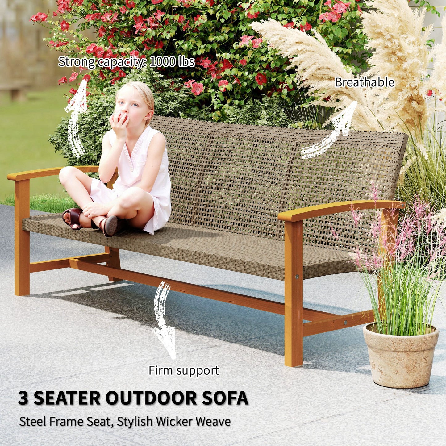 3-Seat Outdoor Wicker Sofa - Acacia Wood & Steel Frame, Teak
