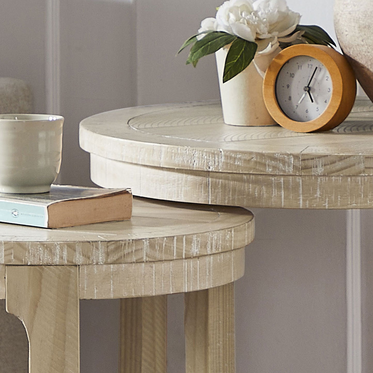 24-Inch Round Wooden Coffee Table Set - Oak Finish, 2-Piece