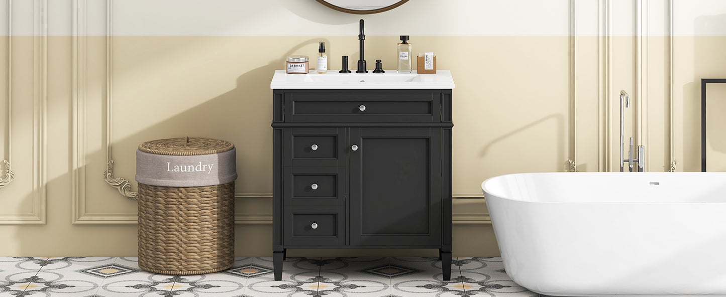 30'' Modern Bathroom Vanity with Ceramic Sink and Storage - Black