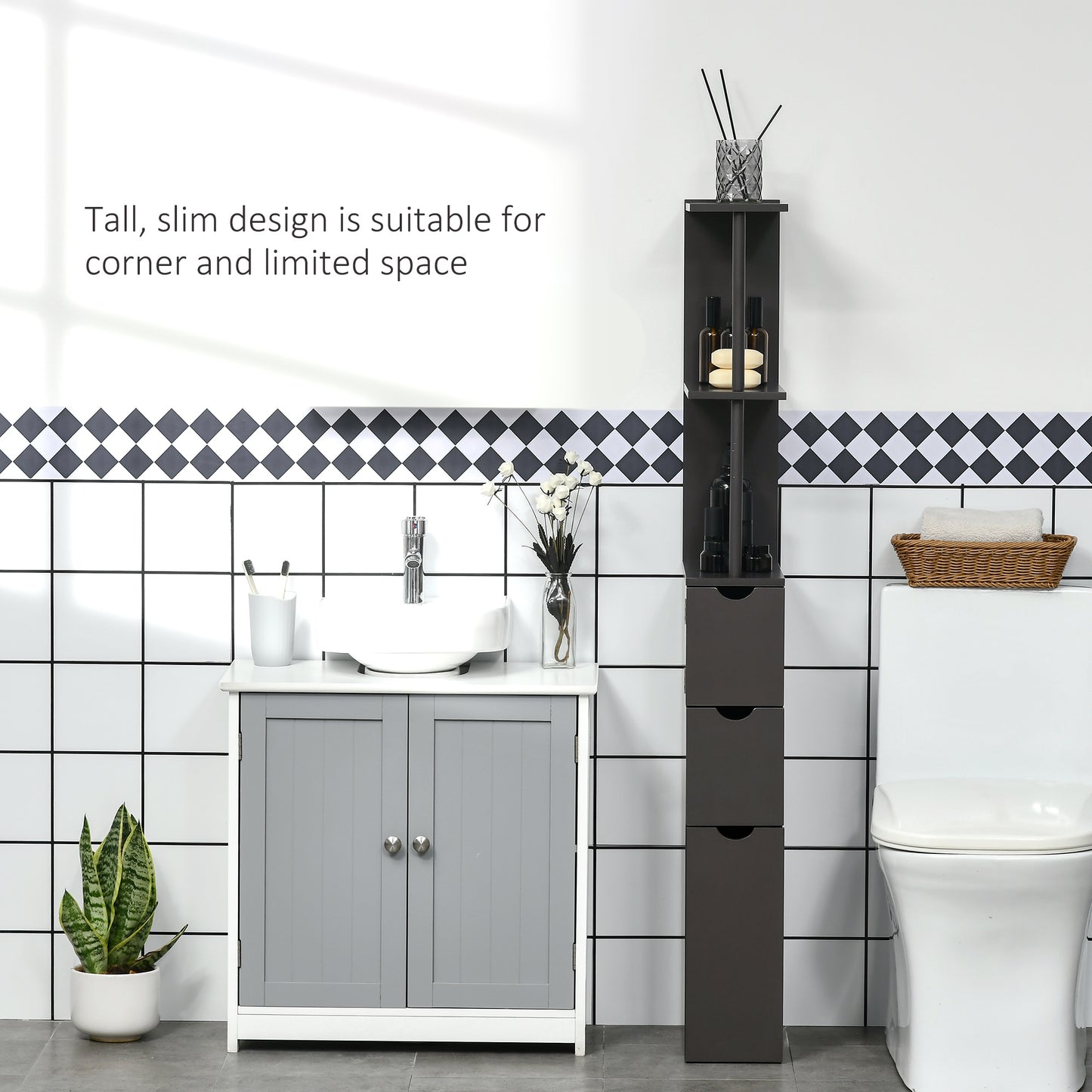 54" Tall Bathroom Storage Cabinet - Freestanding Linen Tower with 2-Tier Shelf and Drawers - Brown