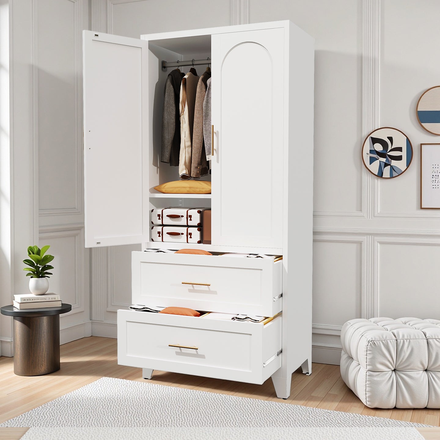 71-Inch Tall Metal Wardrobe Cabinet with 2 Drawers - White