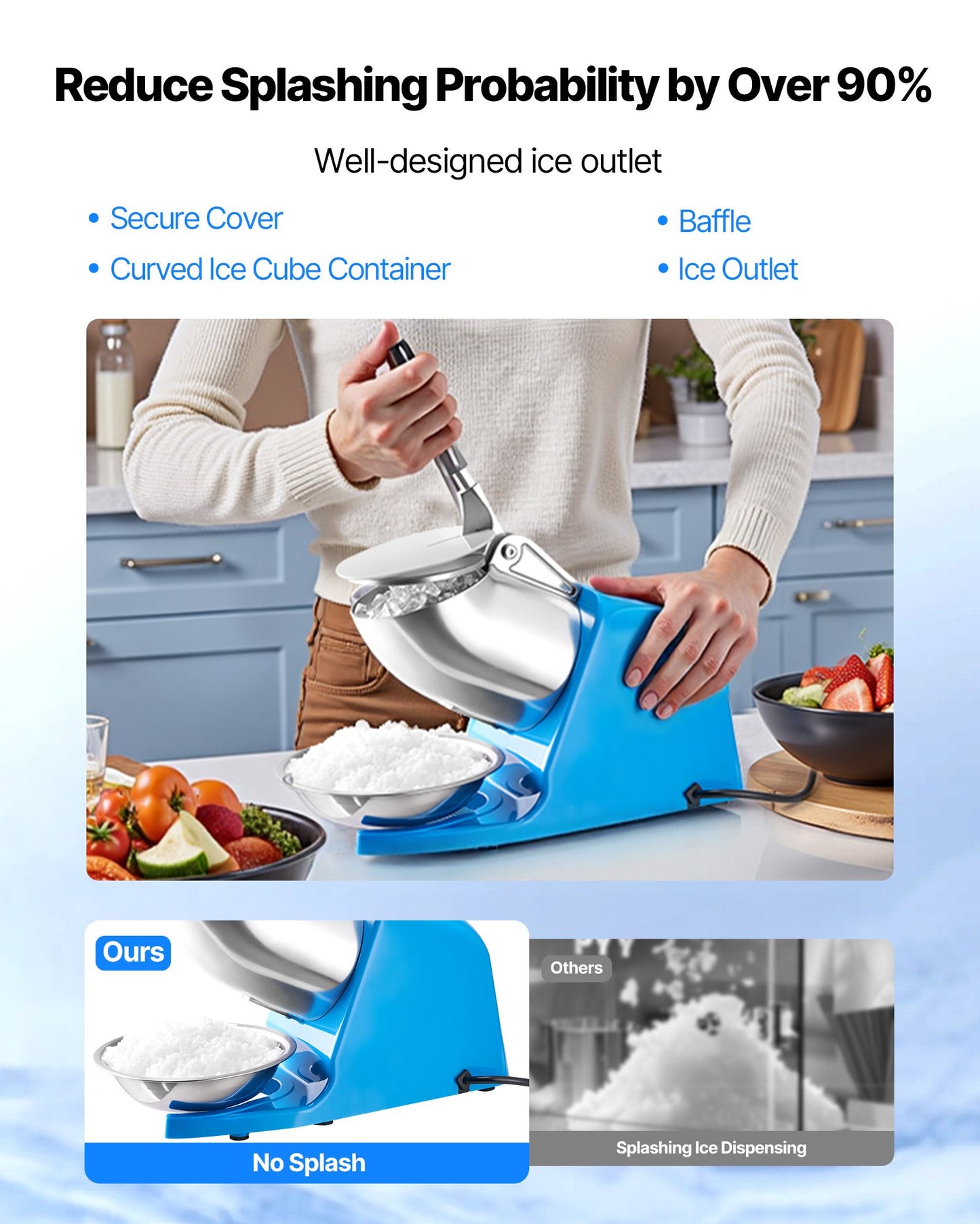 Electric Snow Cone Maker Ice Crusher 286LBS/H Blue Compact Kitchen Appliance