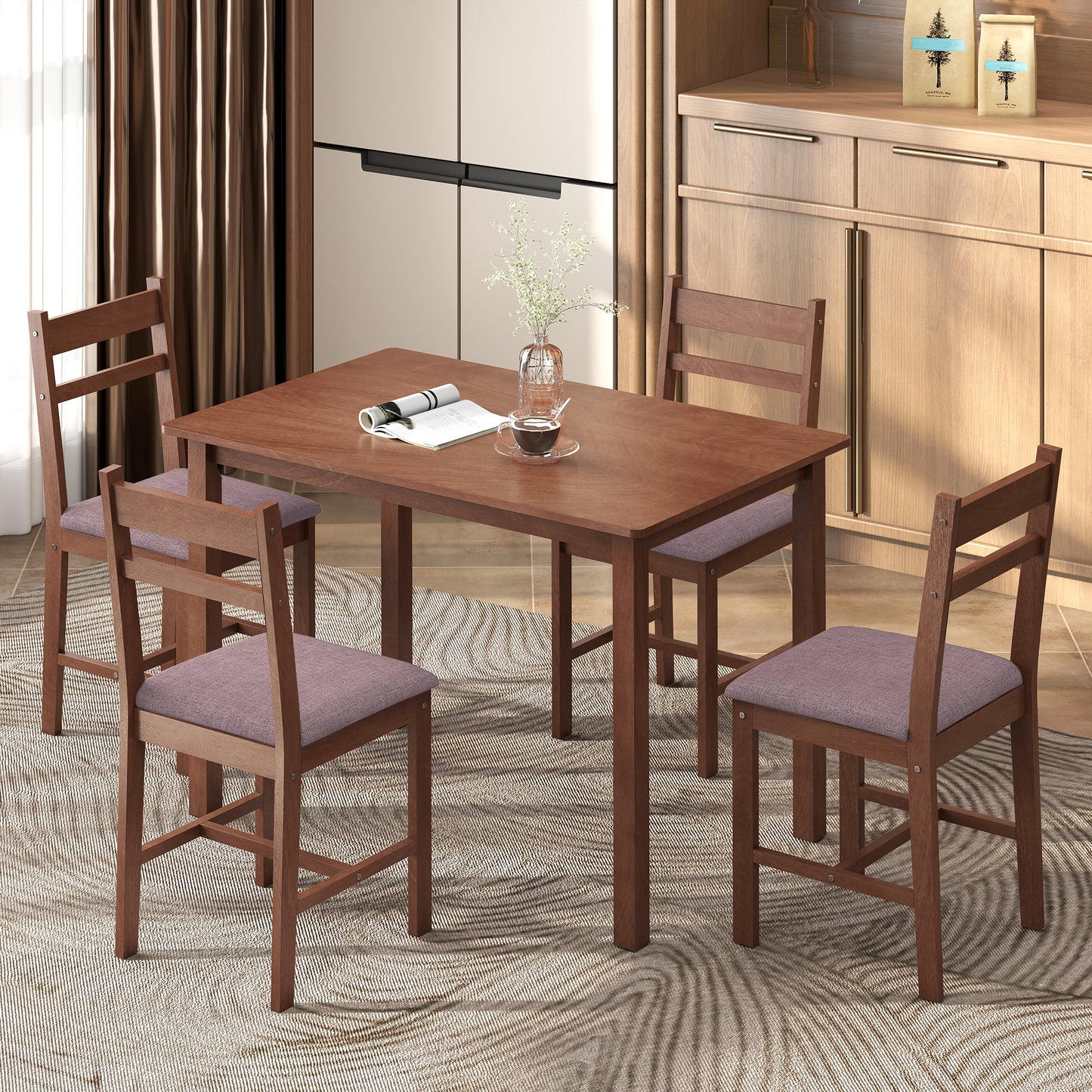5-Piece Solid Wood Dining Table Set for 4, Farmhouse Kitchen with