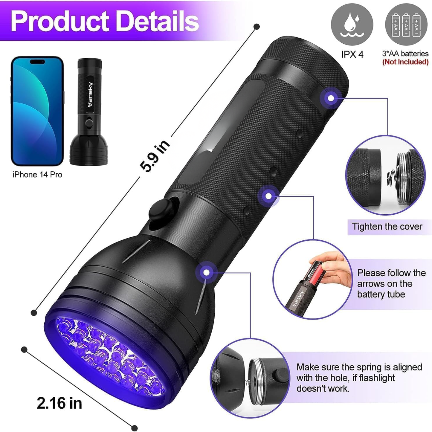 Pet Urine Detector UV Flashlight - Black Light for Stain Detection and Minerals