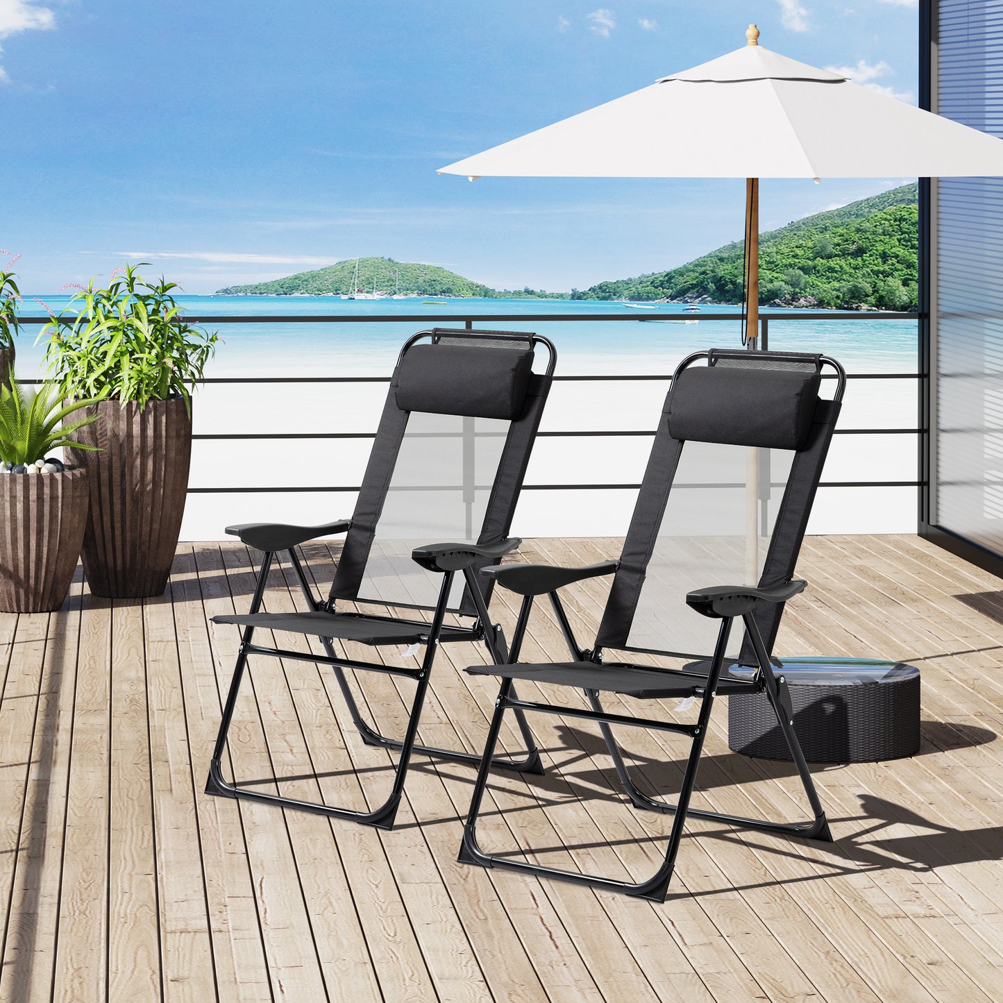 Folding Patio Dining Chairs Set of 2 - Adjustable Sling Back, Black