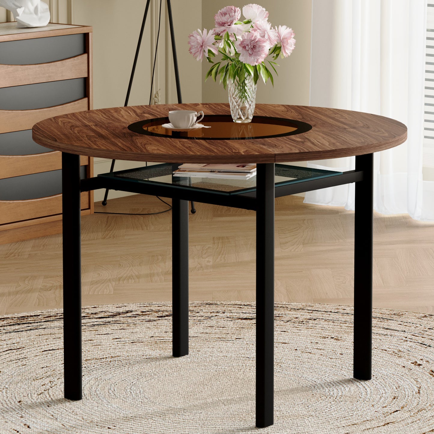 42 Inch Modern Minimalist Brown Wood Grain Round Dining Table