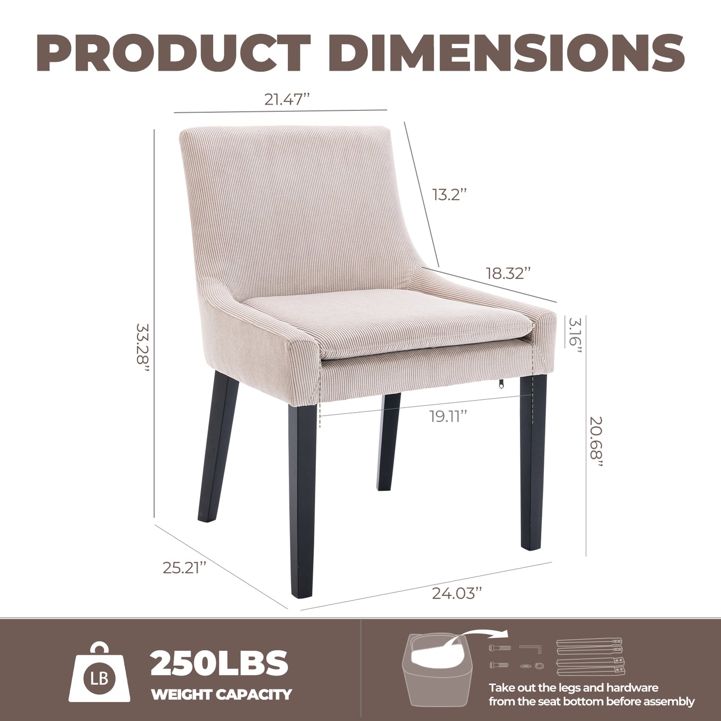 Upholstered Dining Chairs Set of 2 - Mid Back, Wood Legs