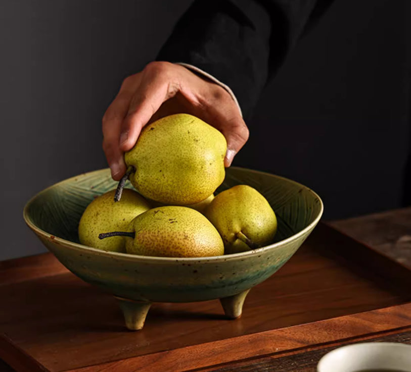 Japanese Style Coarse Ceramic Fruit Plate with Green Soup Bowl - Handmade Kitchen Serving Dish