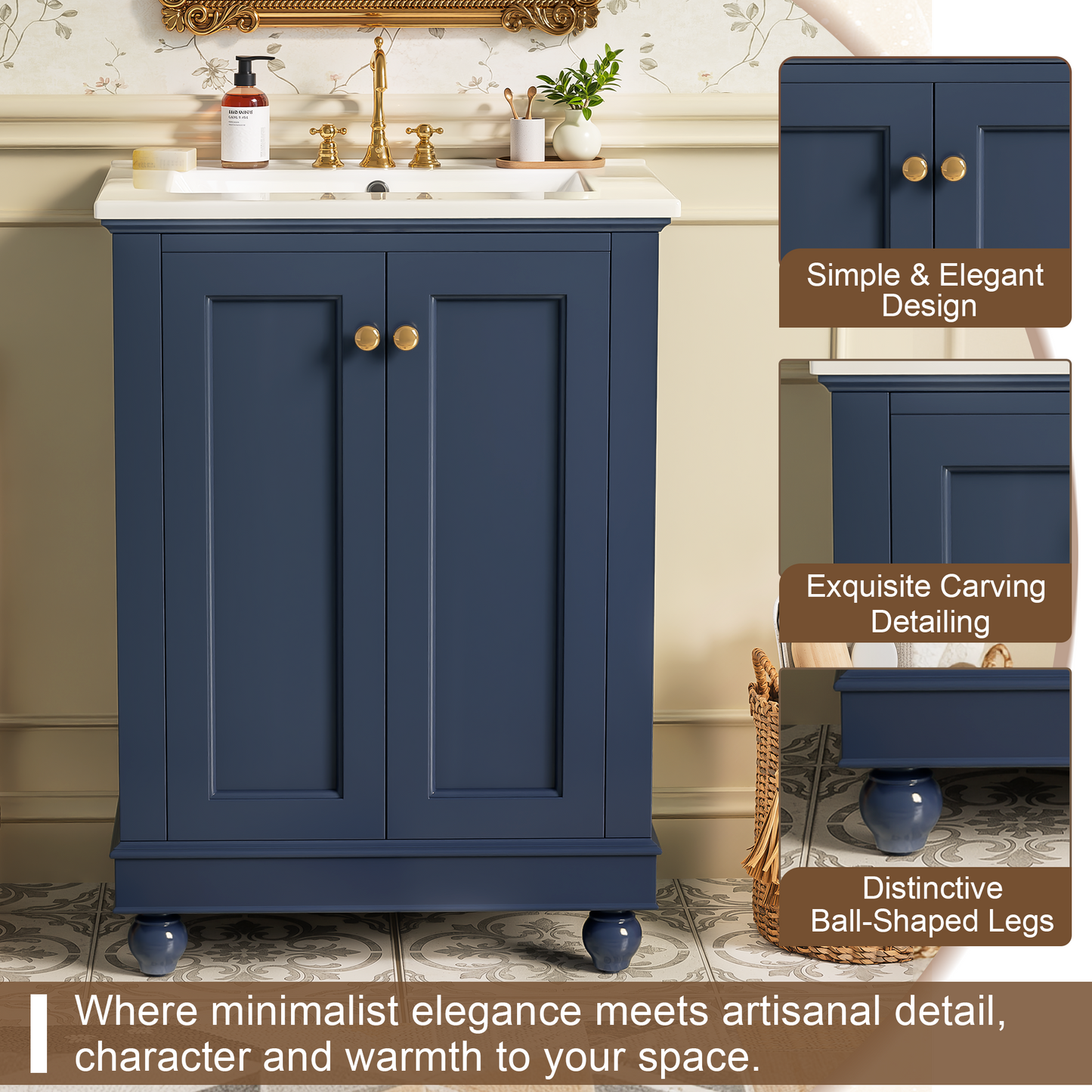24-Inch Blue Bathroom Vanity Cabinet with Ceramic Sink
