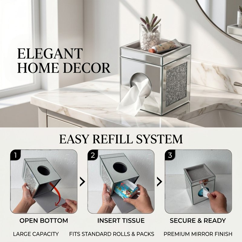 Mirrored Crushed Diamond Tissue Box Cover Square Glass Bathroom Decor Silver
