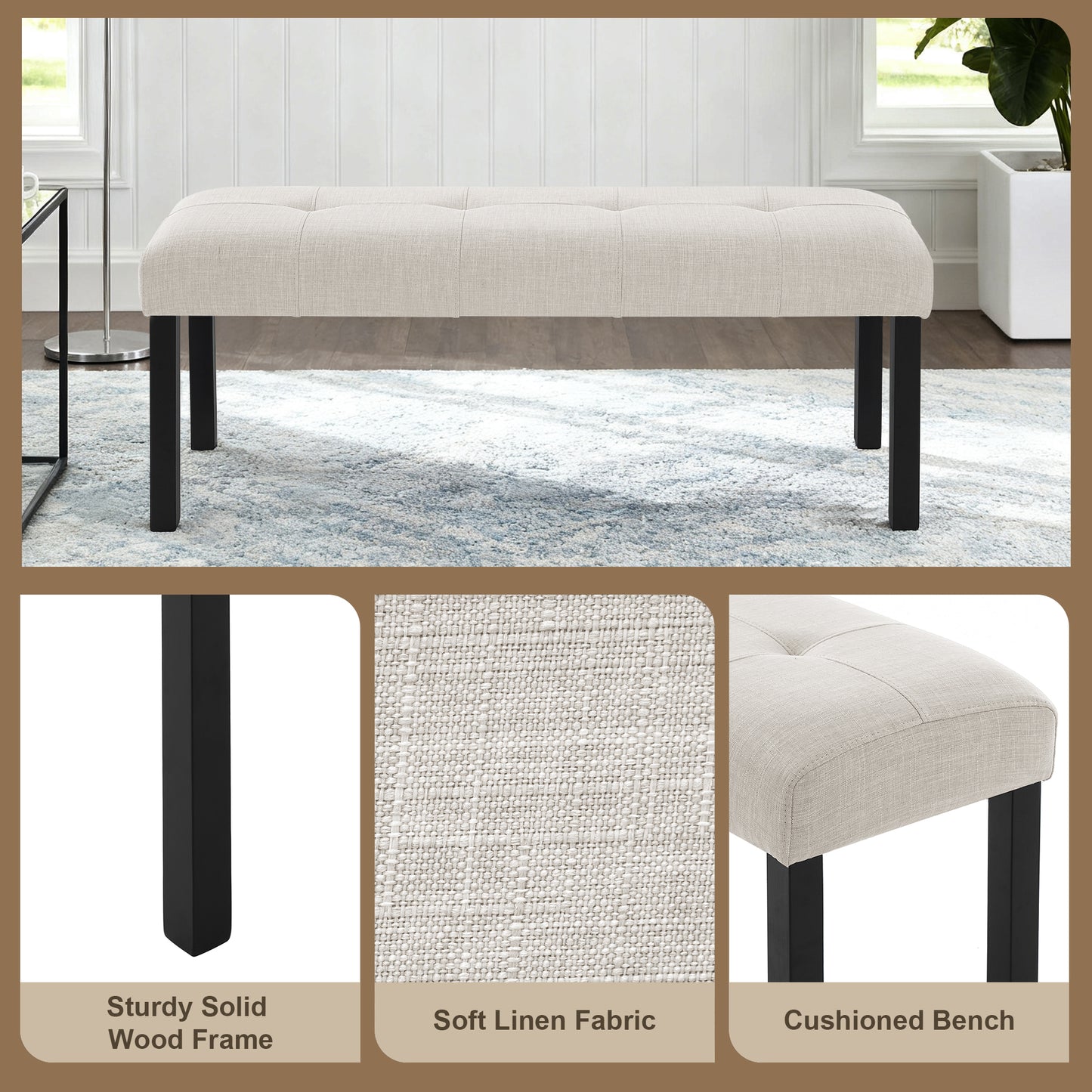 Modern Tufted Linen Dining Bench, Farmhouse Upholstered Entryway