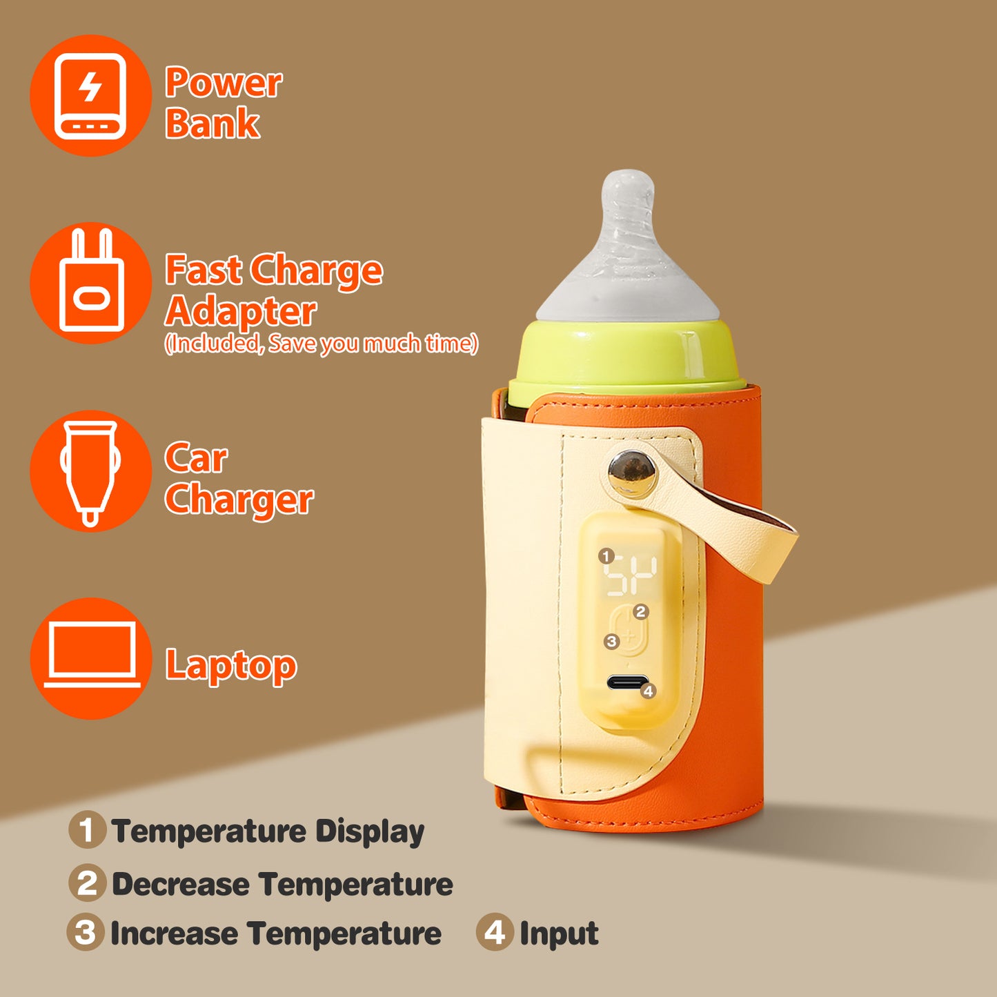 Portable Baby Milk Warmer with 5 Temperature Settings - Orange