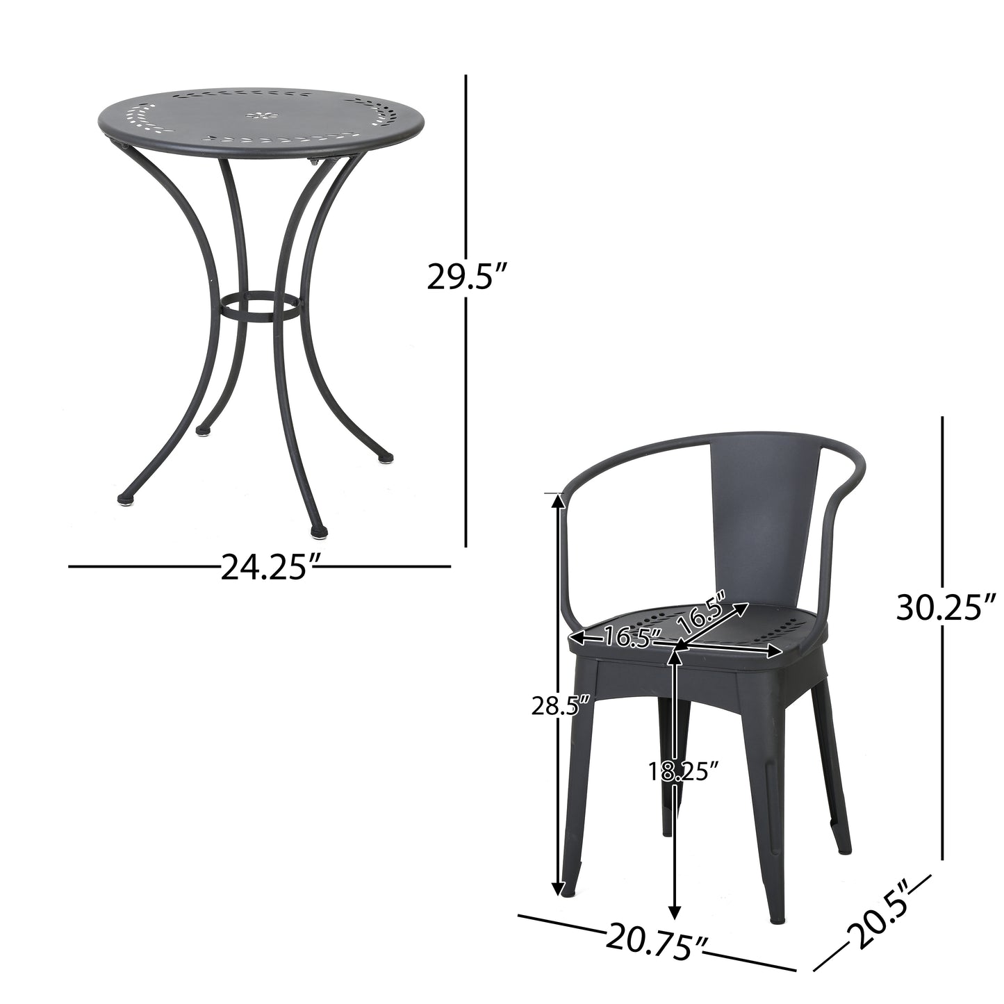 LOURDES 3-Piece Black Metal Bistro Set for Patio