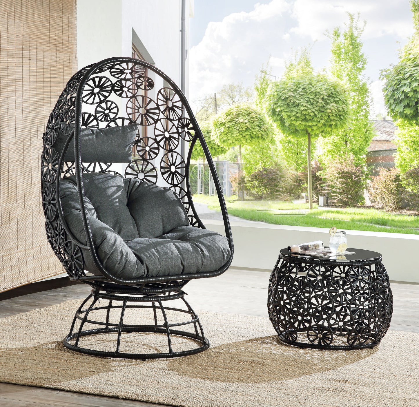 Patio Lounge Chair with Charcoal Fabric & Side Table - Black Wicker