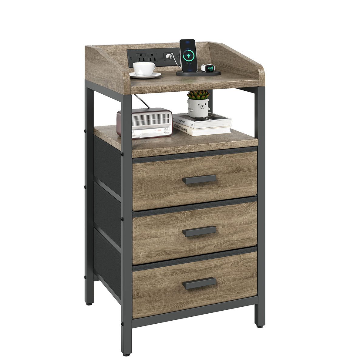 Nightstand with Charging Station and Fabric Drawers - Bedside End Table