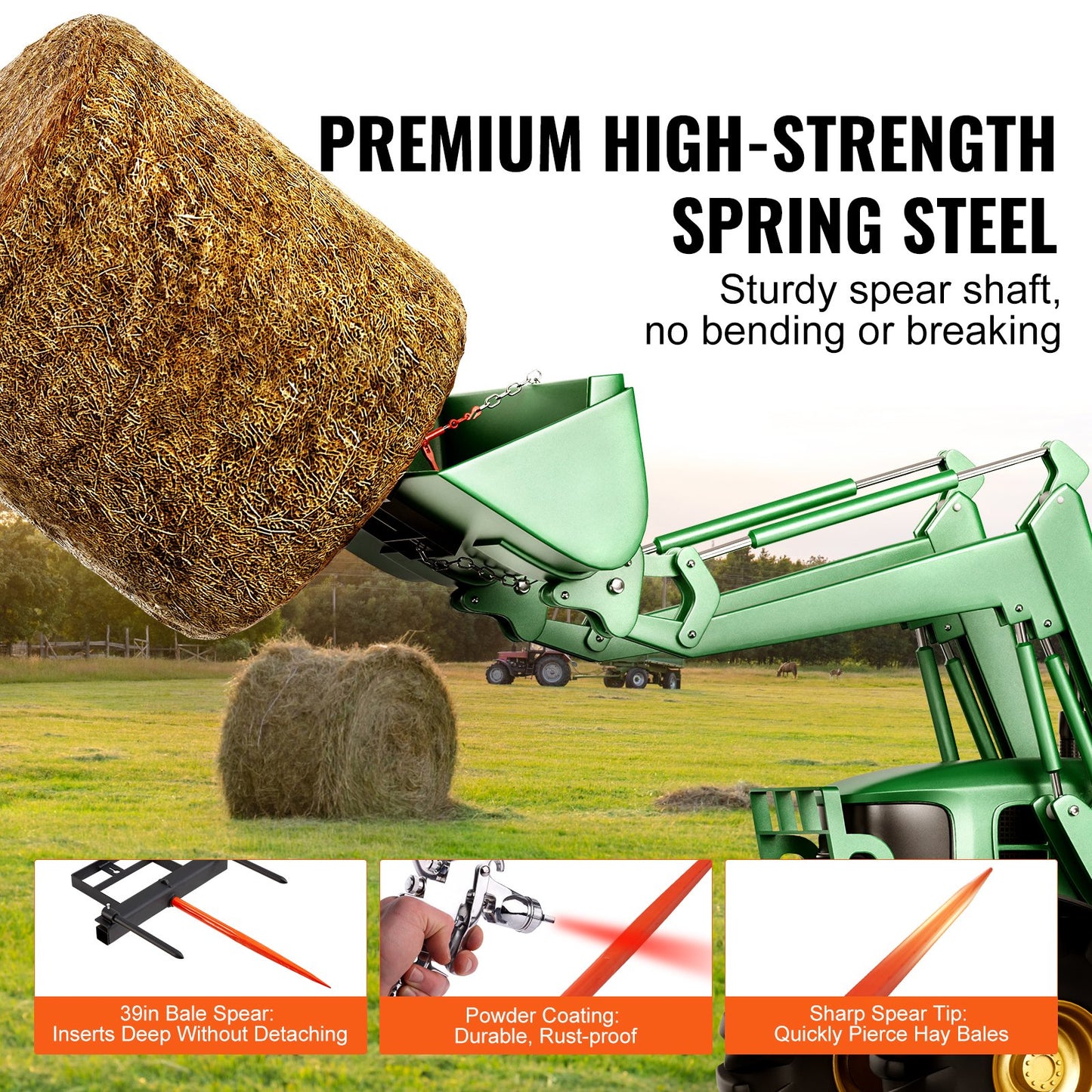 39' Hay Spear Bale Fork Loader Attachment 1600lbs Capacity with Chain & Stabilizers