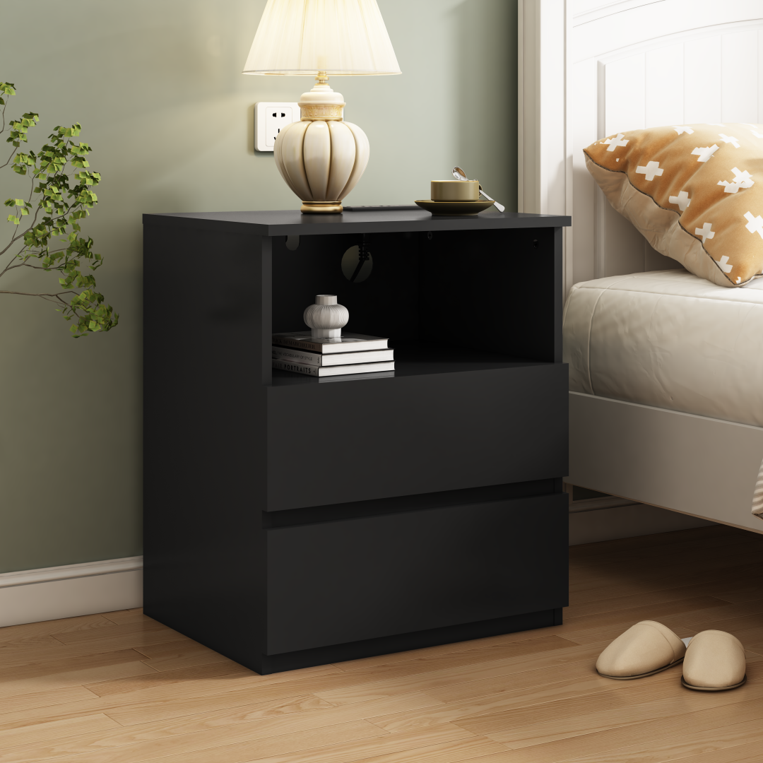 Set of 2 Modern End Tables with USB Charging Station & Drawers - Black