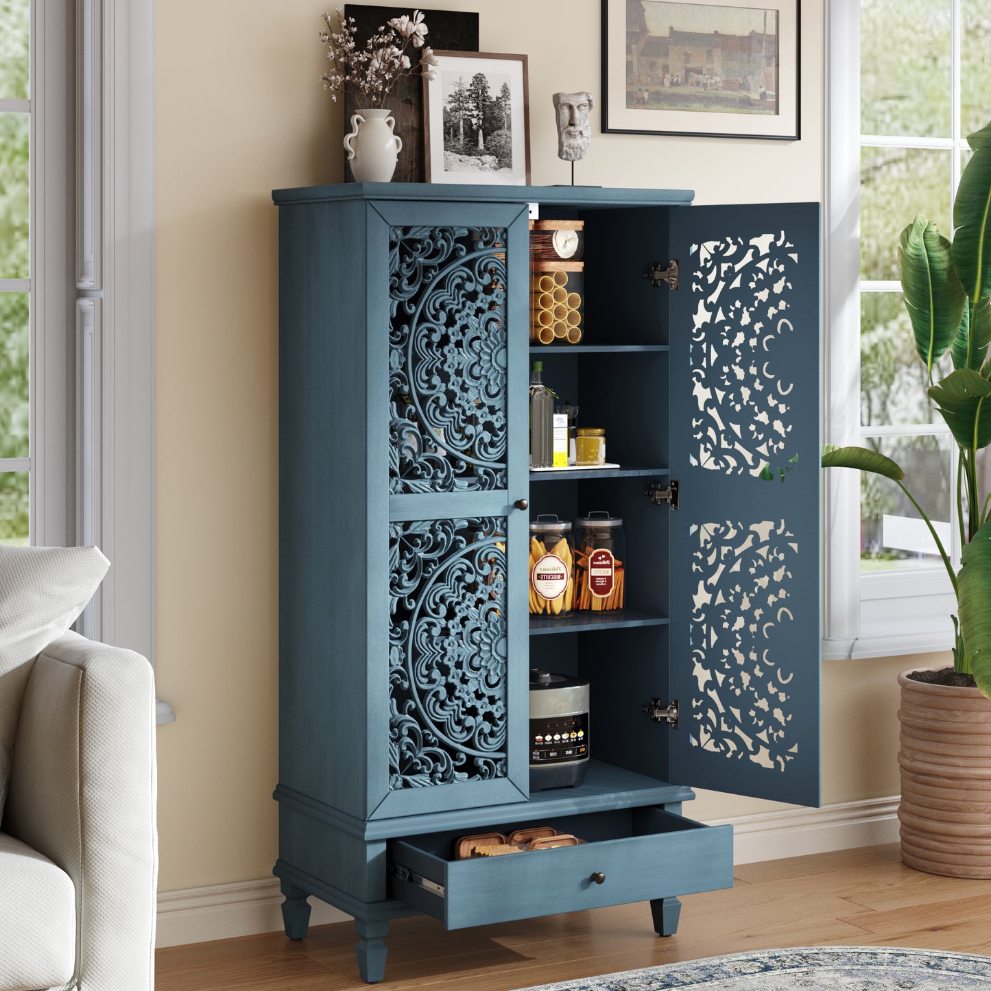 Rustic 55'' Tall Storage Cabinet with Drawer - Antique Blue