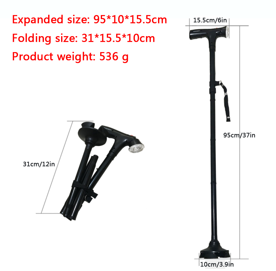Adjustable Walking Stick Cane with LED Light & SOS Alarm - Black