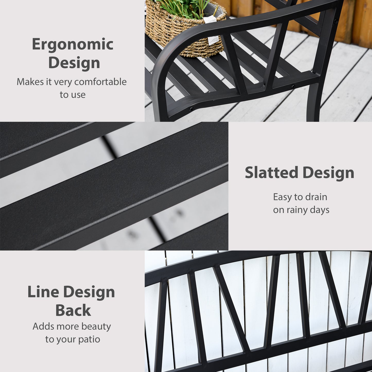 50" Outdoor Metal Bench with V-Shaped Backrest - Black