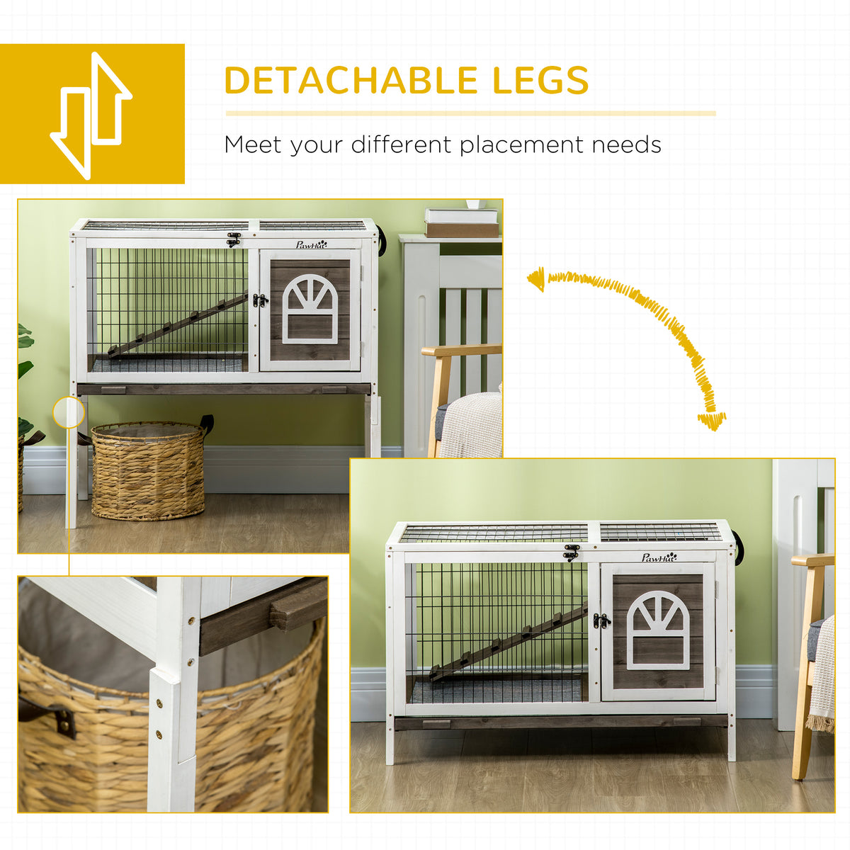 Wood Rabbit Hutch with Run - Elevated Pet Cage in Coffee Finish