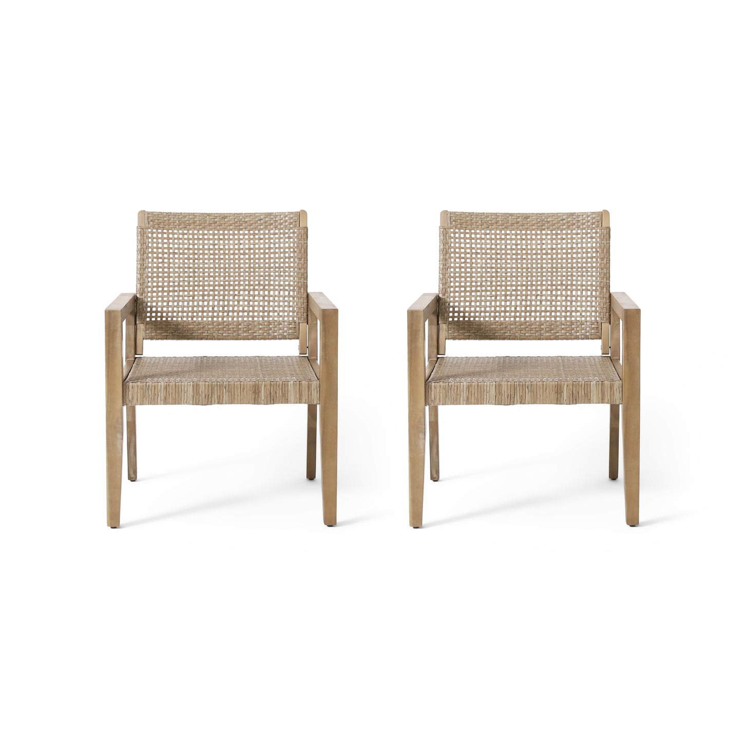 Outdoor Wicker And Acacia Wood Club Chairs, Set Of 2, Light