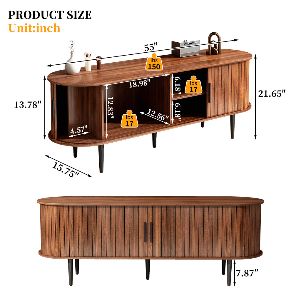 55" Modern TV Stand Console Table with Sliding Door - Walnut