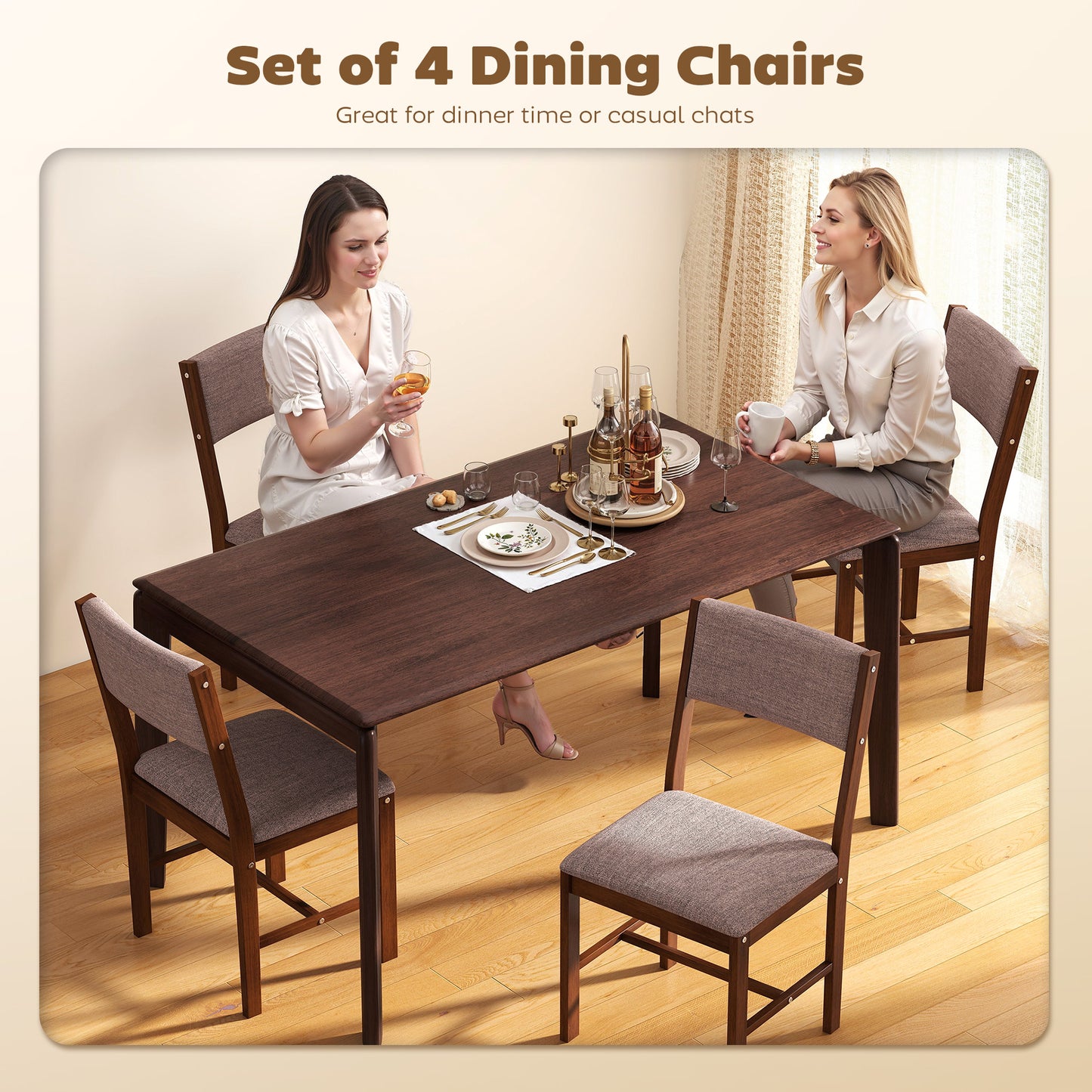 Modern Dining Chairs Set of 4, Linen Fabric Kitchen with Rubberwood