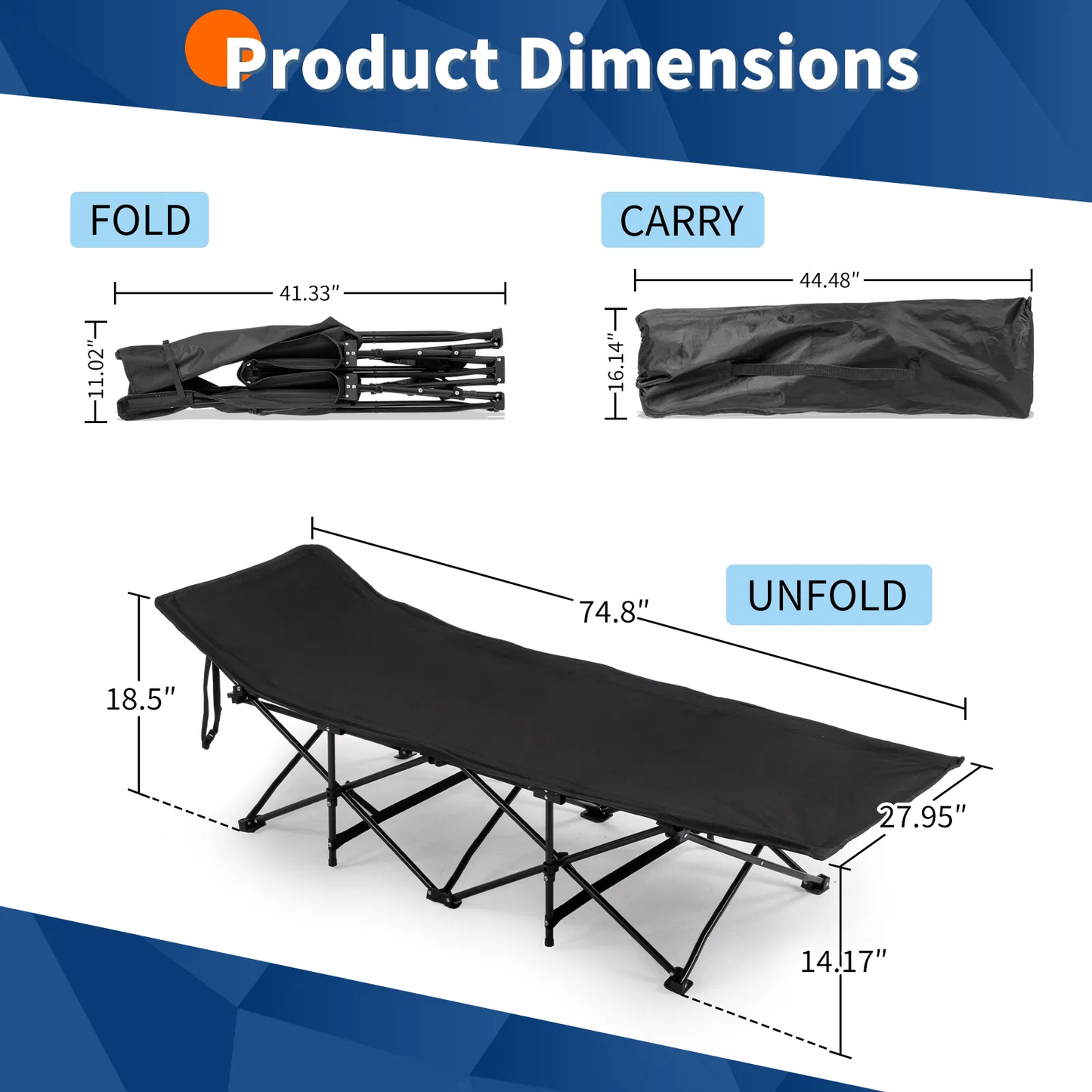 Folding Camping Cot Bed with Soft Pad - Portable Black Cot
