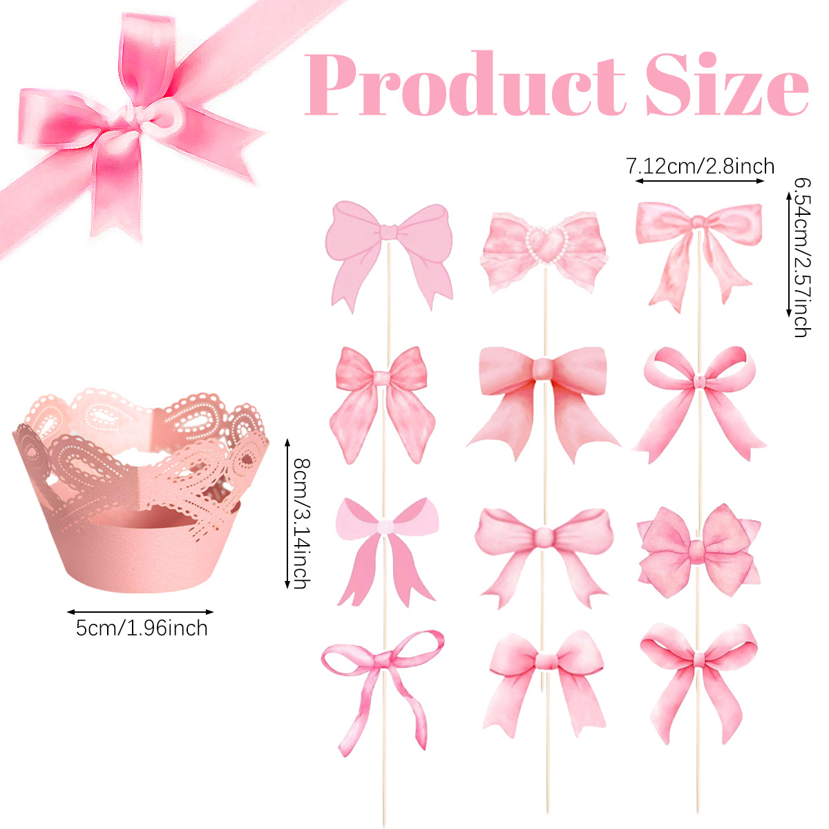 48-Piece Pink Bow Cupcake Toppers Kit - Party Supplies