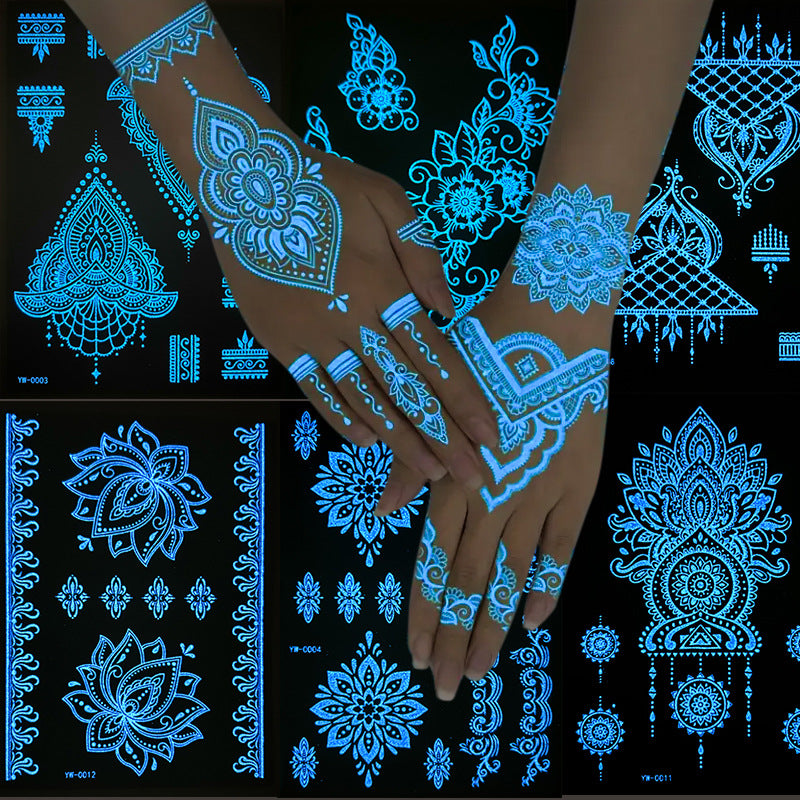 Glow in the Dark Henna Tattoo Stickers for Parties & Festivals - Intricate Lace Designs, Light Up Halloween & Christmas