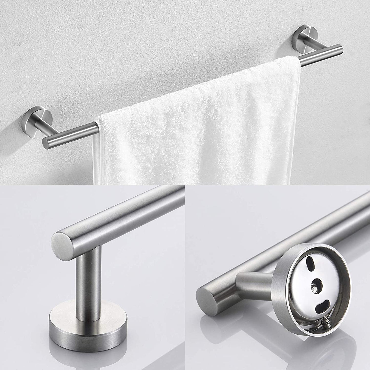 3-Piece Bathroom Hardware Set - Brushed Nickel Towel Bar, Toilet Paper Holder & Robe Hooks