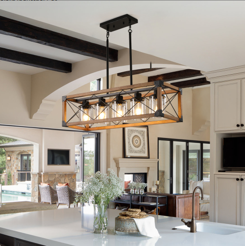32 Inch Walnut and Black Farmhouse Pendant Light 5-Light Chandelier Ceiling Fixture