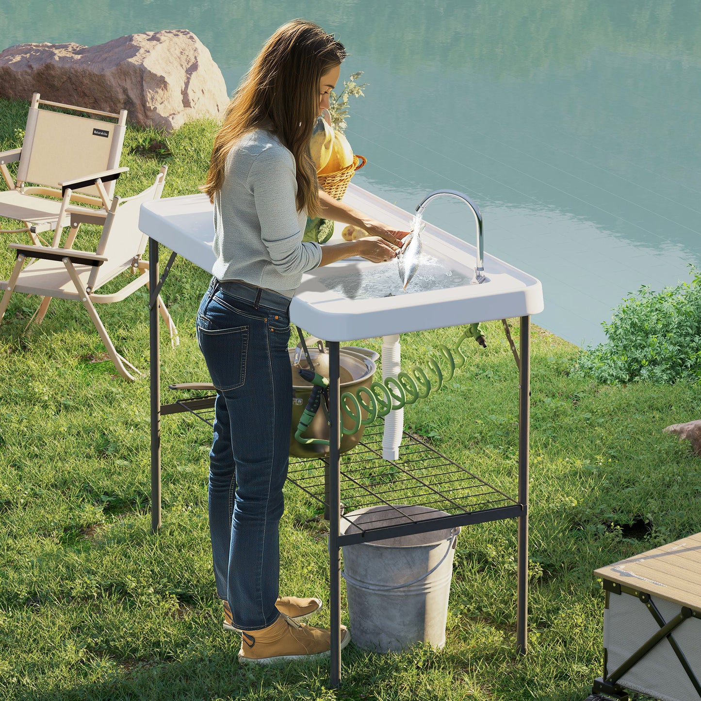 Portable Fish Cleaning Table with Sink and Faucet - White