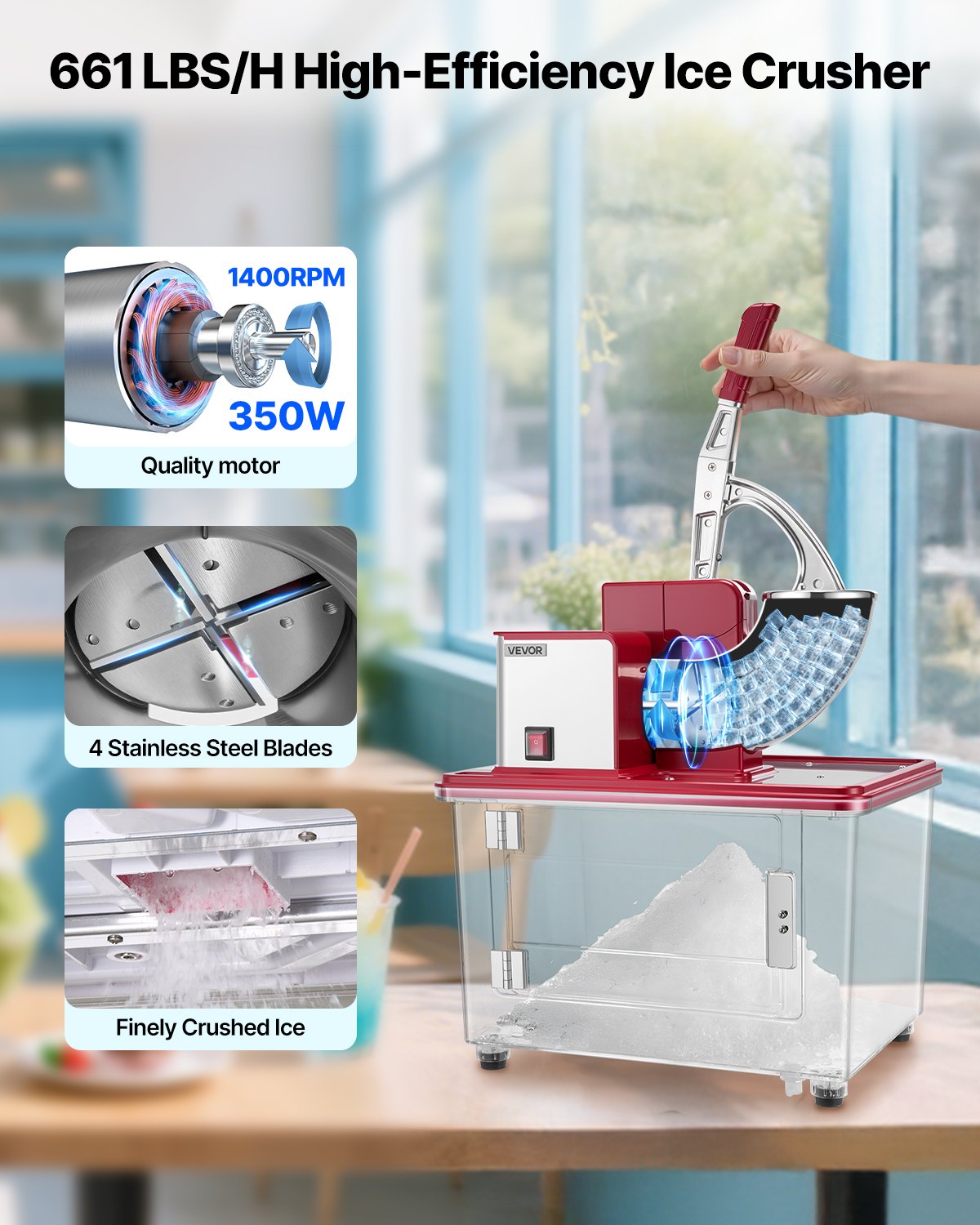 Red Commercial Ice Crusher 661LBS/H Electric Snow Cone Maker Shaved Ice
