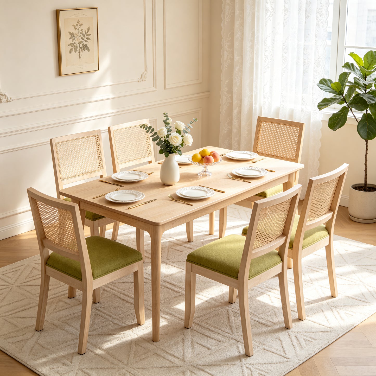 Olive Green Rattan Dining Chairs Set of 2 - Mid Century Modern