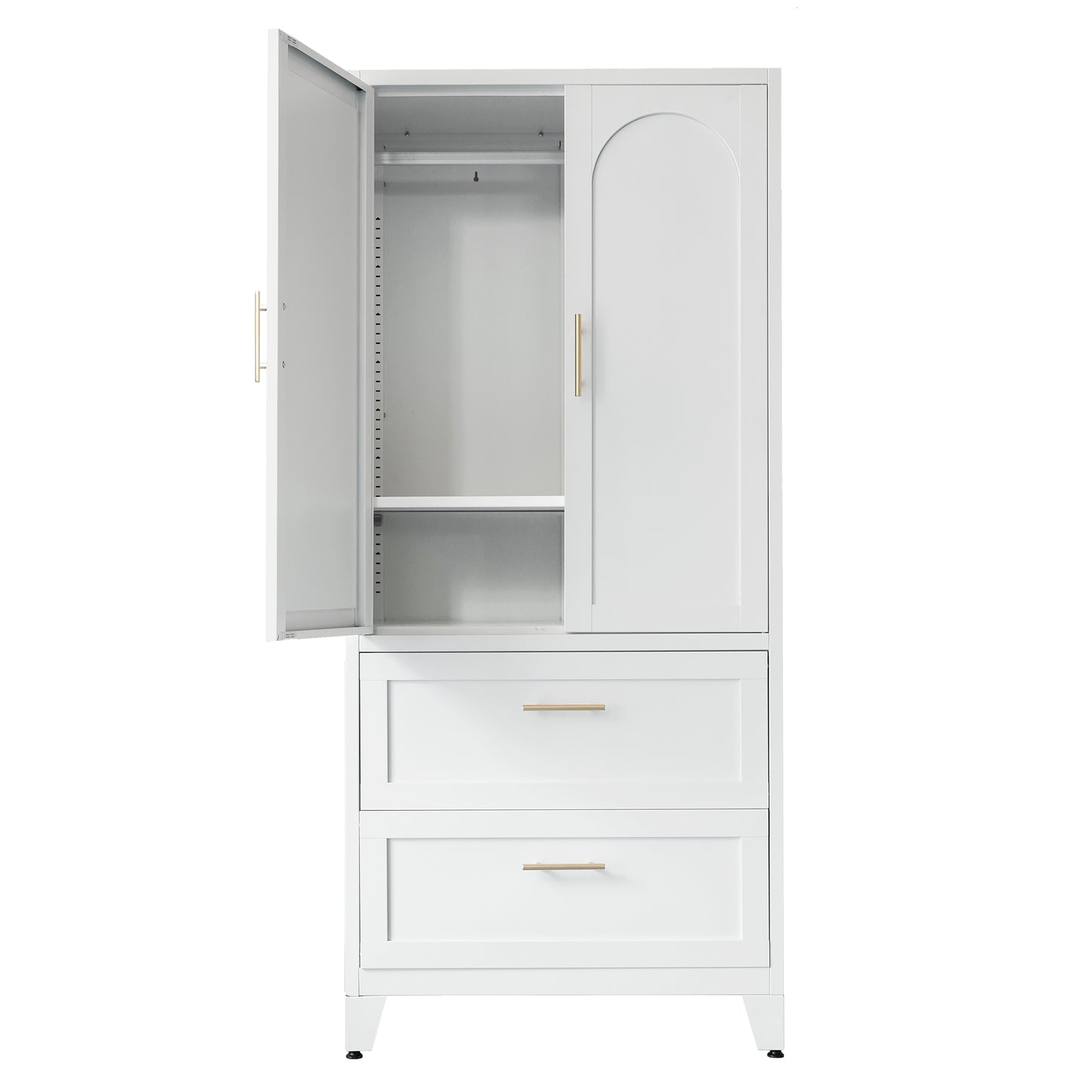 71" Tall Metal Wardrobe Cabinet with 2 Drawers and Hanging Rod - White