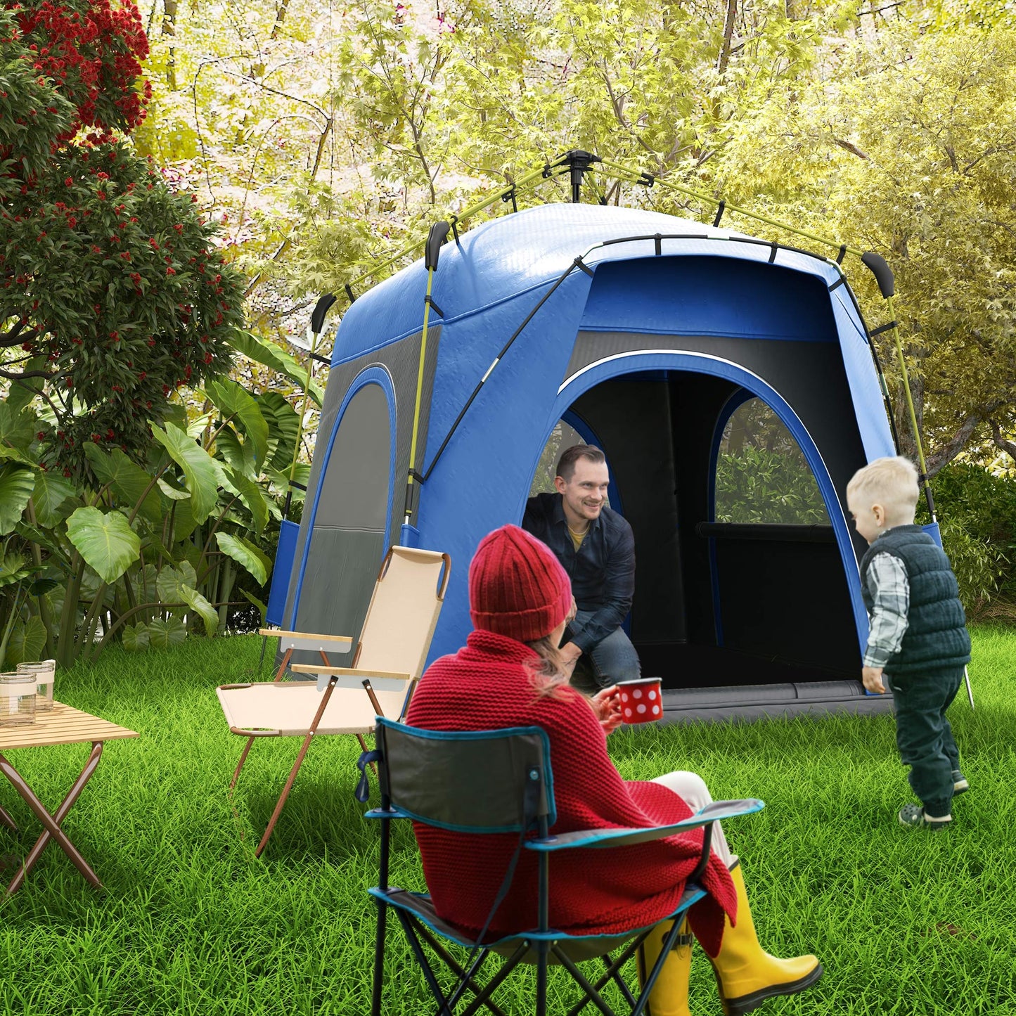 3-Person Pop-Up Camping Tent with Quick Setup & Windows - Blue