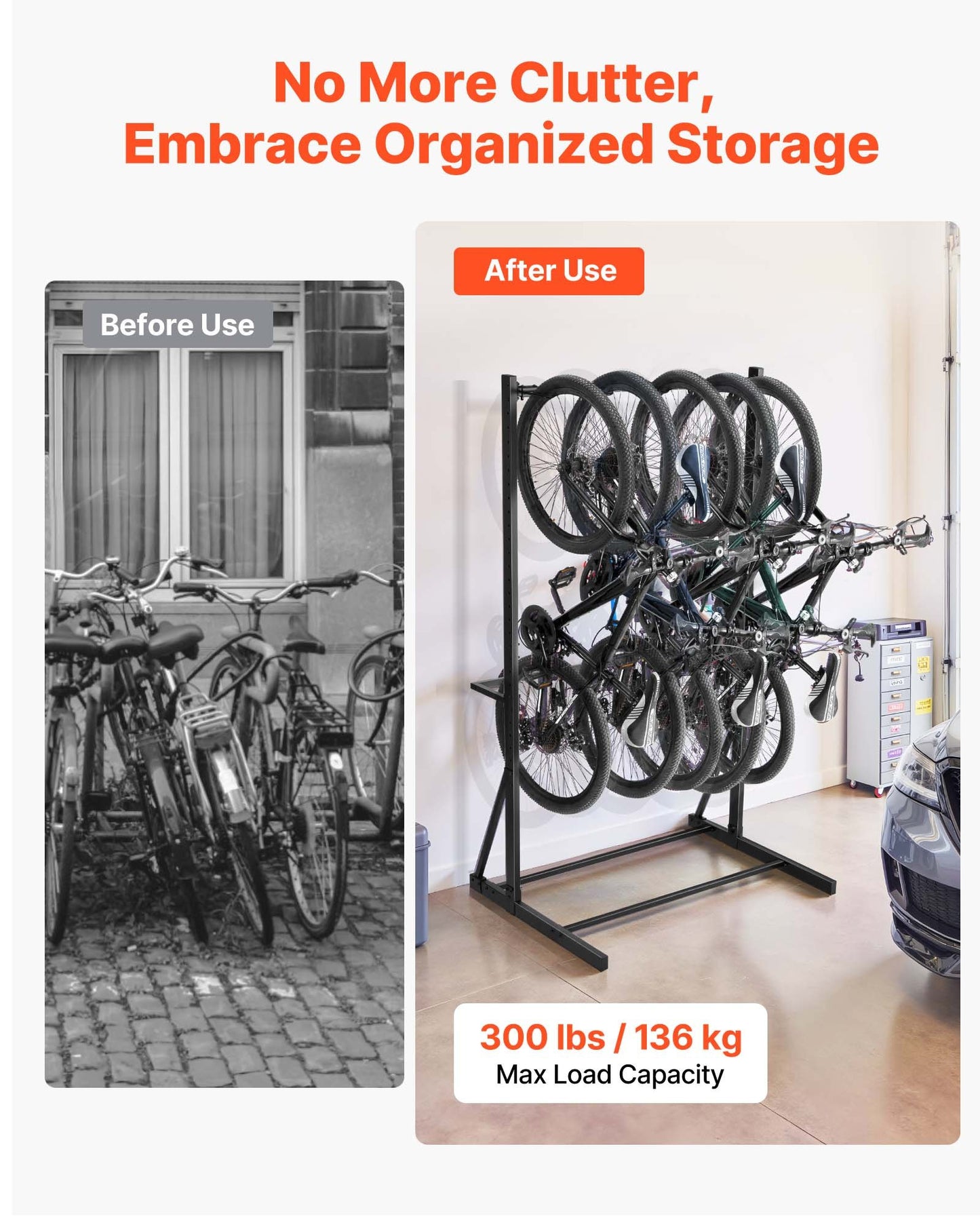 Freestanding Bicycle Rack for Up to 5 Bikes - Storage Organizer Stand, Black